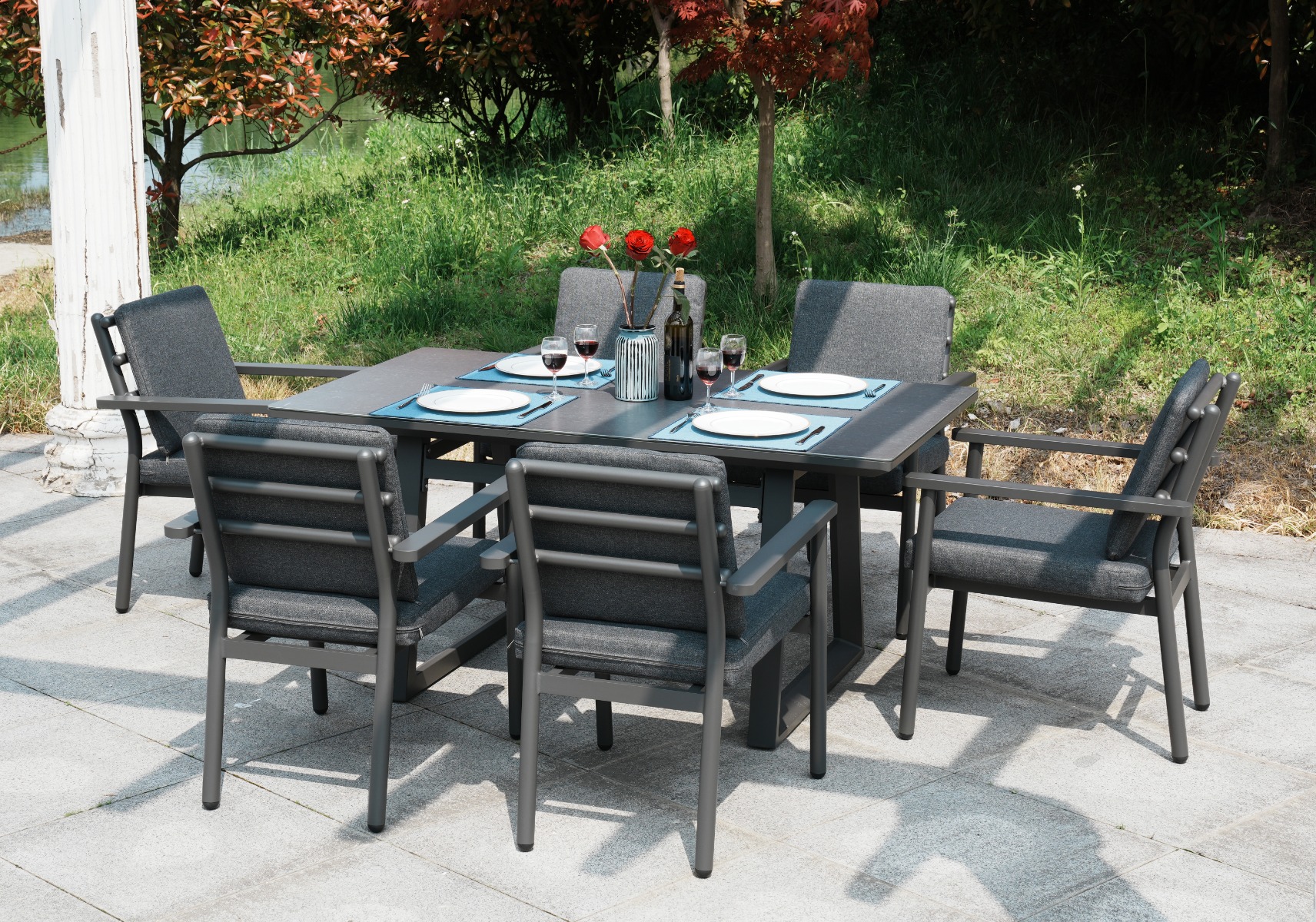 Deluxe Aluminium 6 Seat Dining Set with Grey Table Top