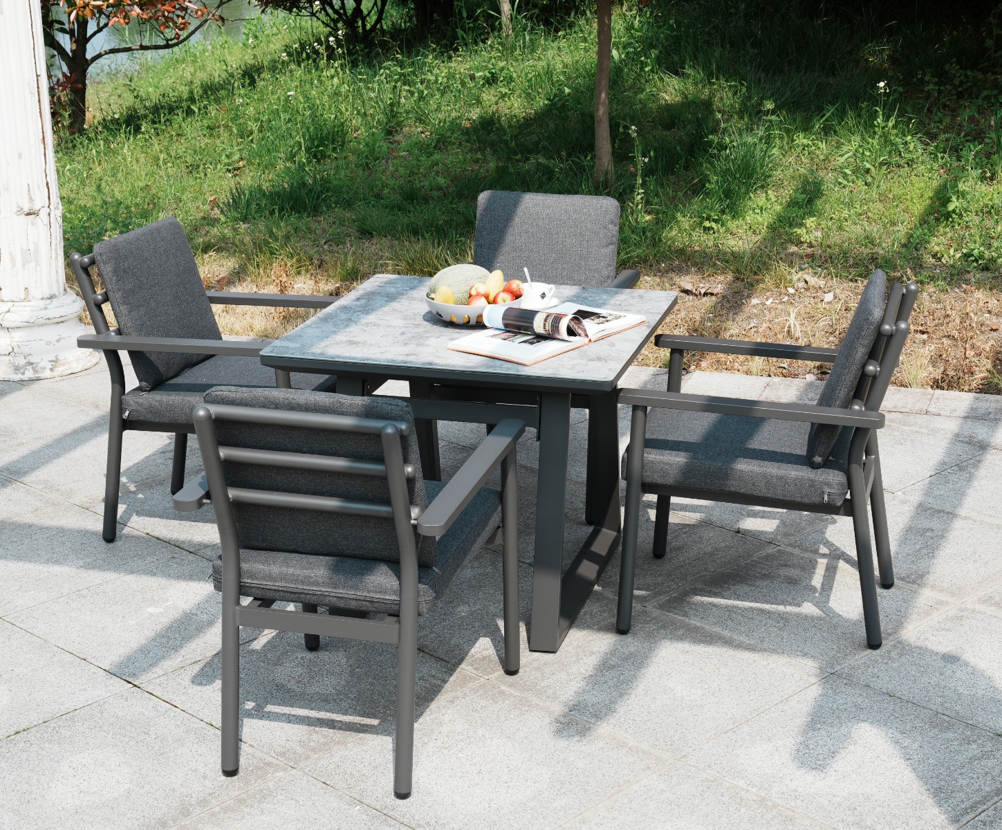 Deluxe Aluminium 4 Seat Dining Set with Patterned Table Top