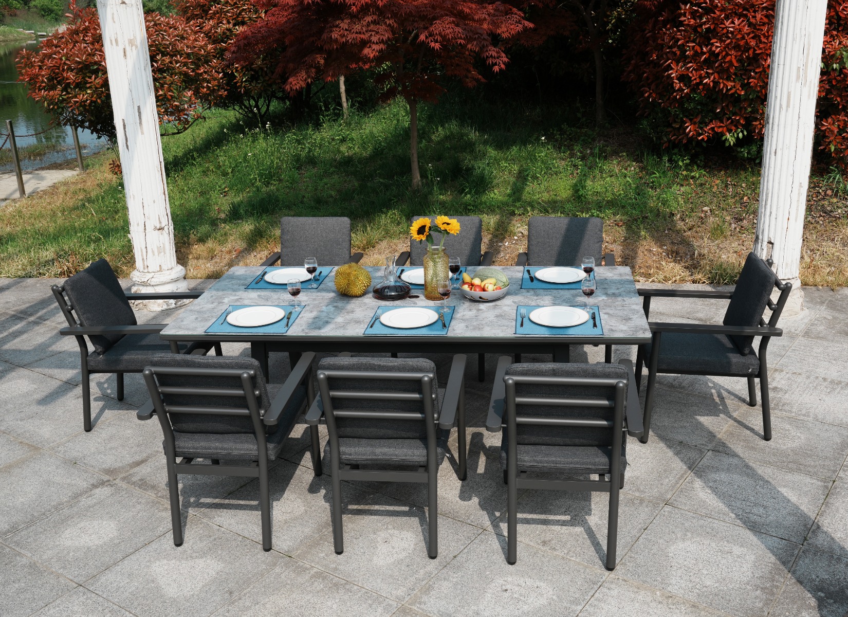 Deluxe Aluminium 8 Seat Dining Set with Patterned Table Top
