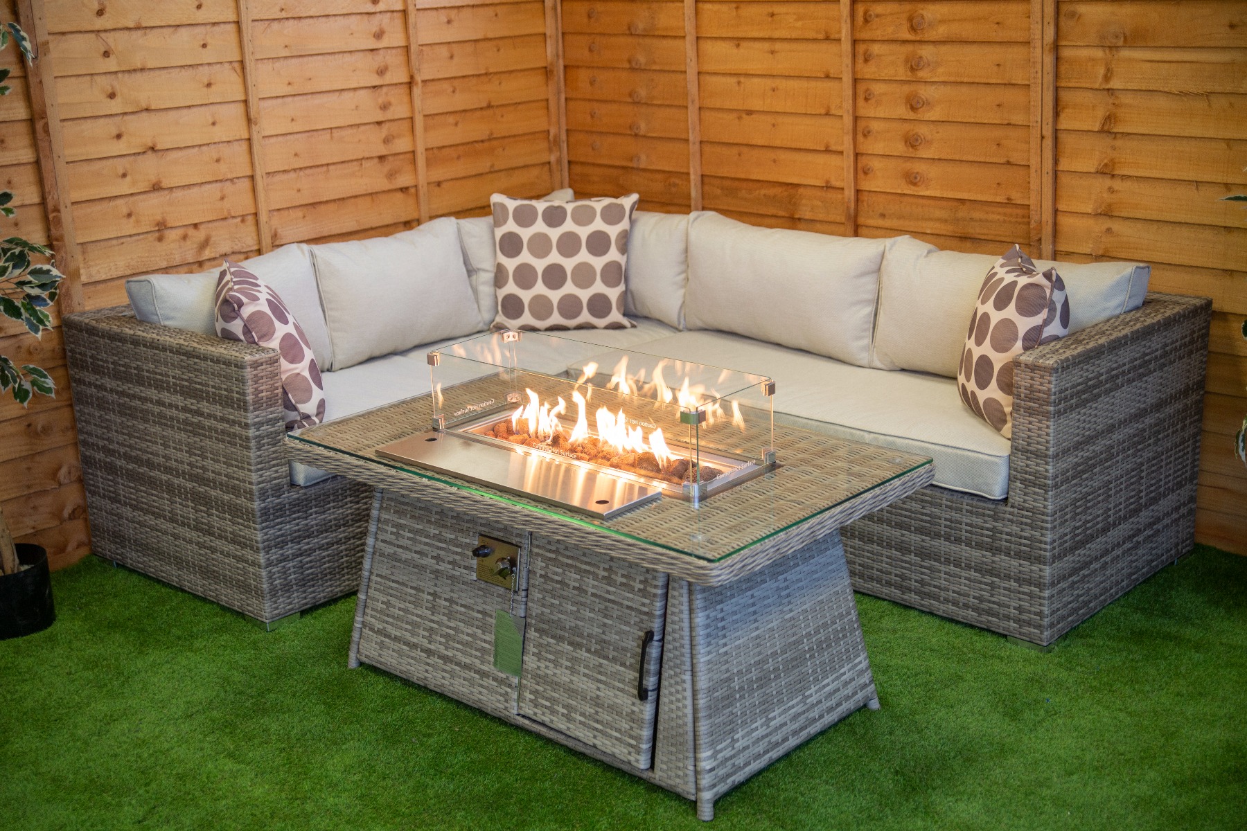 Champagne Victoria rattan Corner Set With Fire Pit Coffee Table