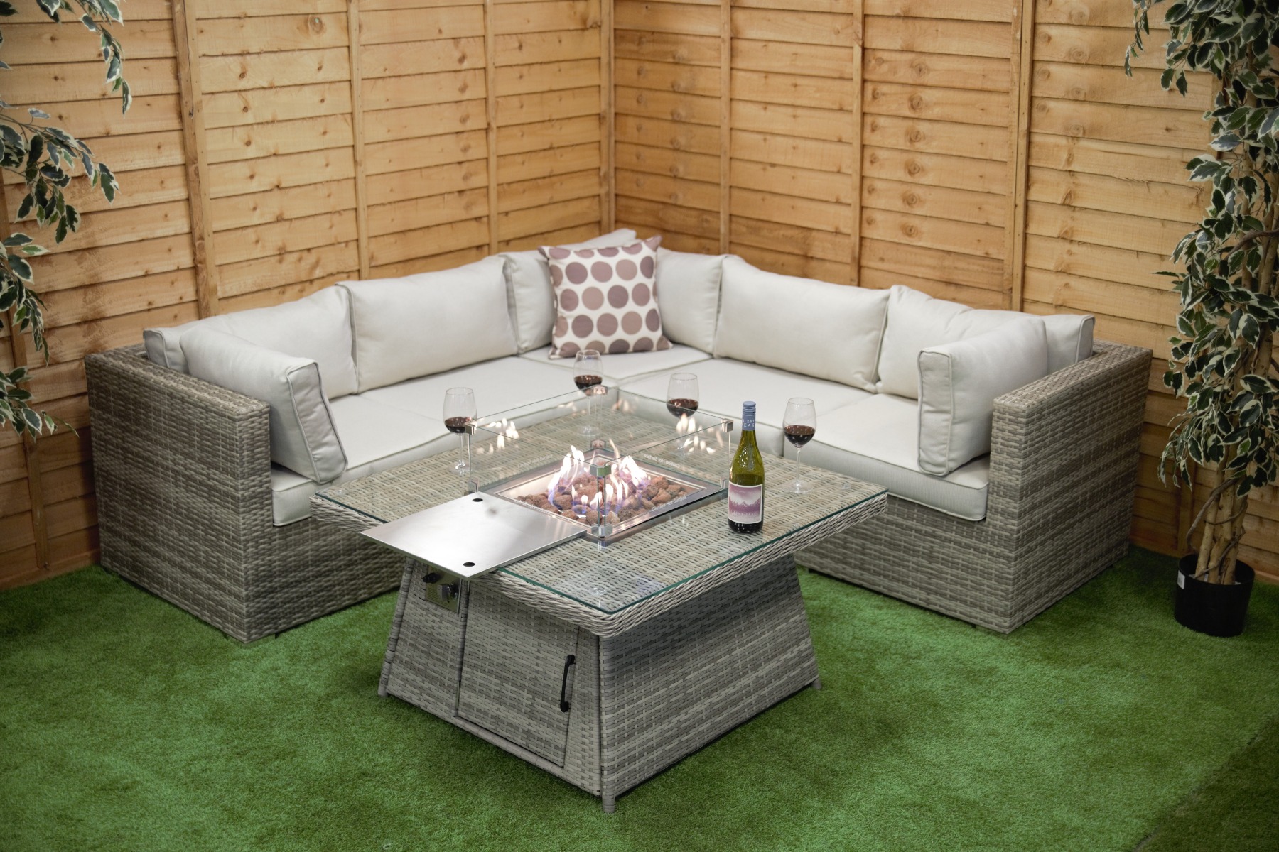 Champagne Chelsea Modular rattan Corner Set With Fire Pit Coffee Table