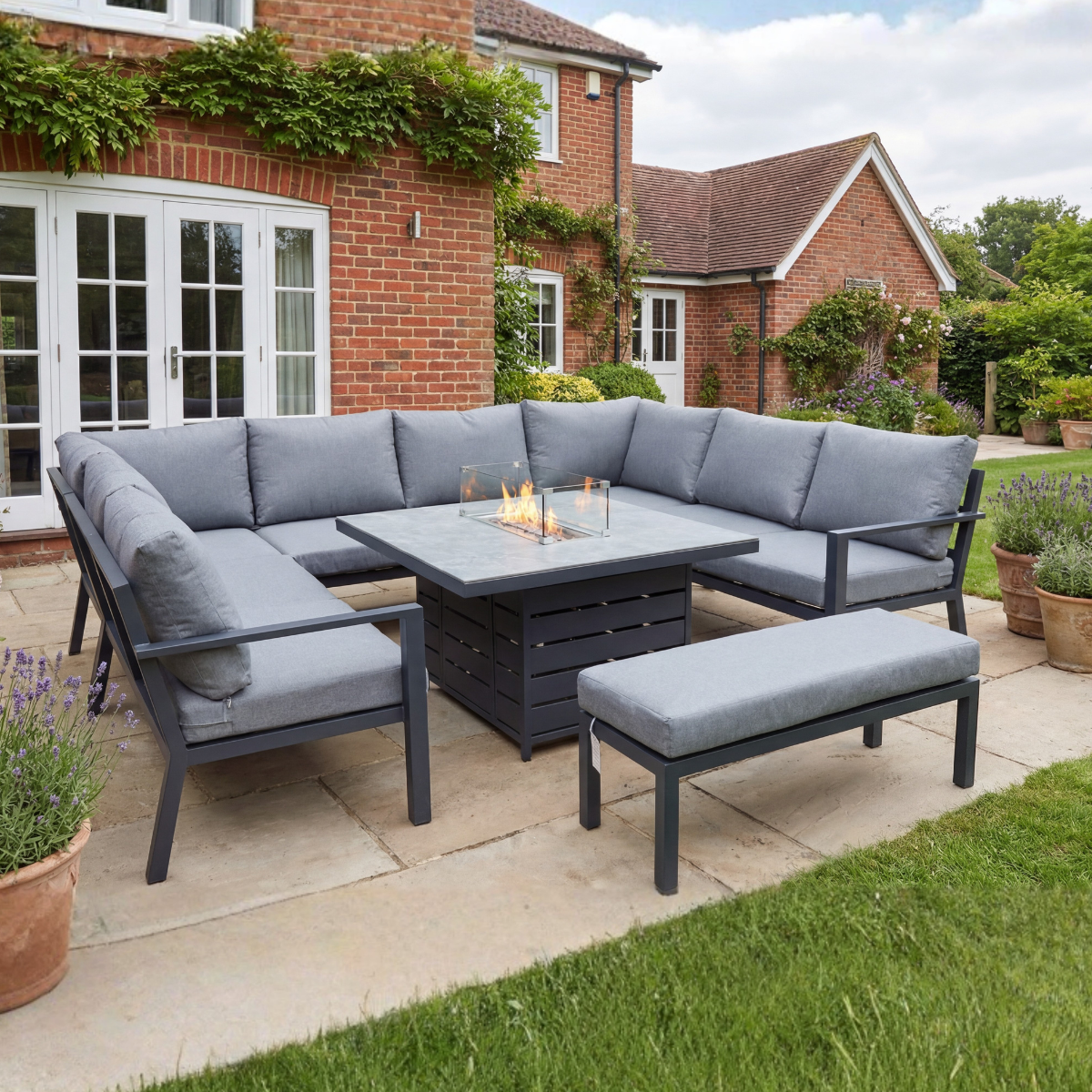 U Shaped 8-Seater Aluminium Corner Sofa Set with Fire Pit Table & Bench
