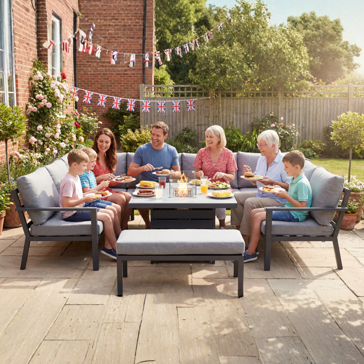 8-Seater Aluminium Corner Sofa Set with Fire Pit Table & Bench