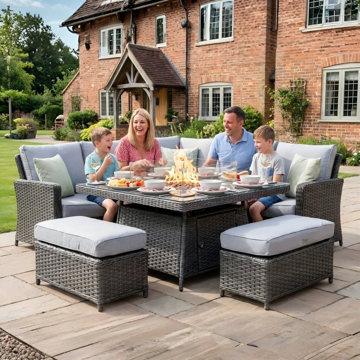 BOX DAMAGED - Platinum Boston Corner Rattan Dining Set with Fire Pit
