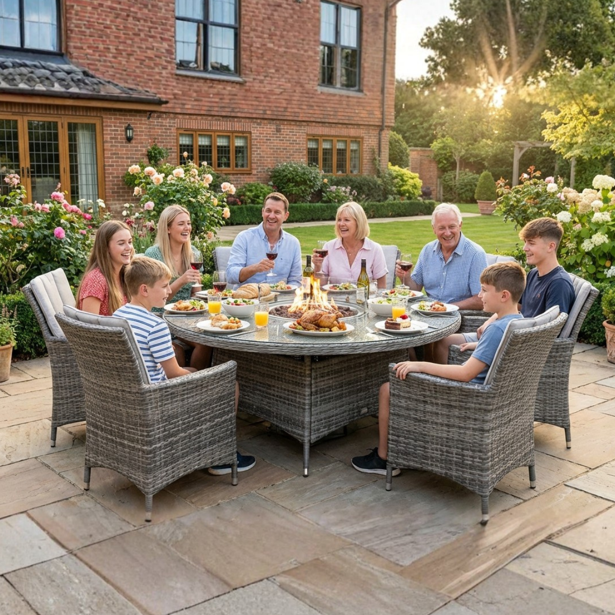 Rattan Champagne Atlanta 8 Seat Fire Pit With 165cm Round Table