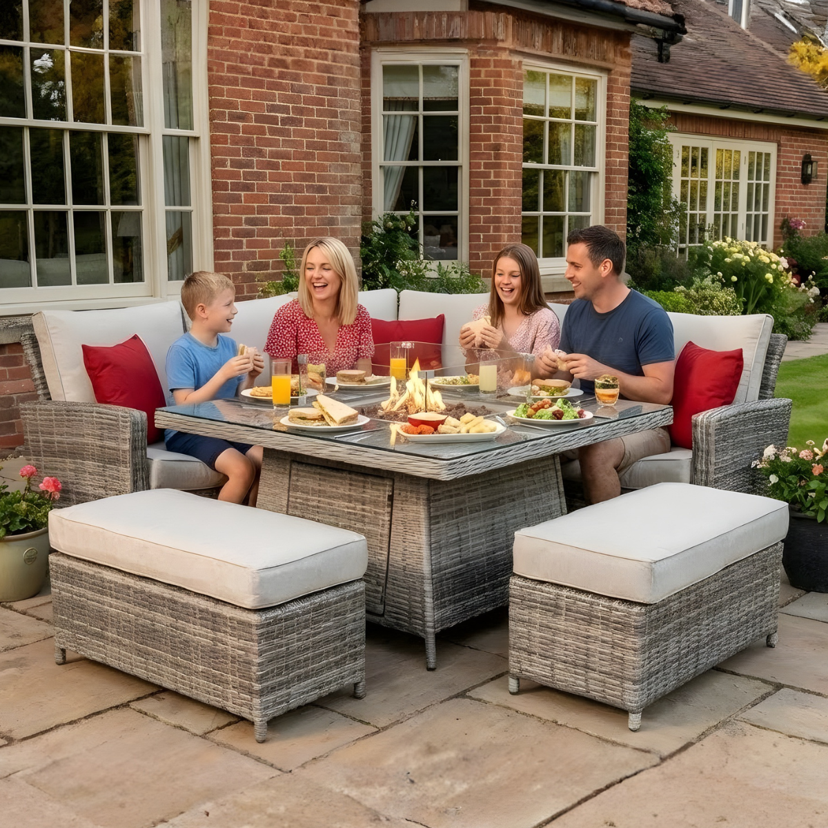 BOX DAMAGED - Rattan Champagne Boston Corner Dining Set with Fire Pit