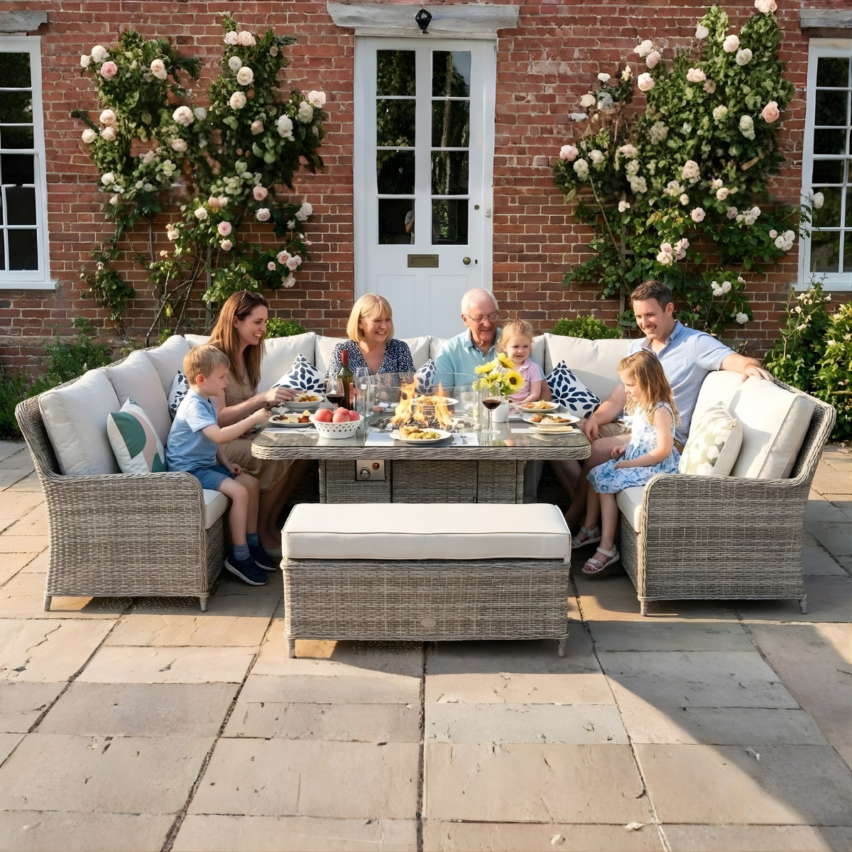 Champagne Curved Sofa Set with Fire Pit