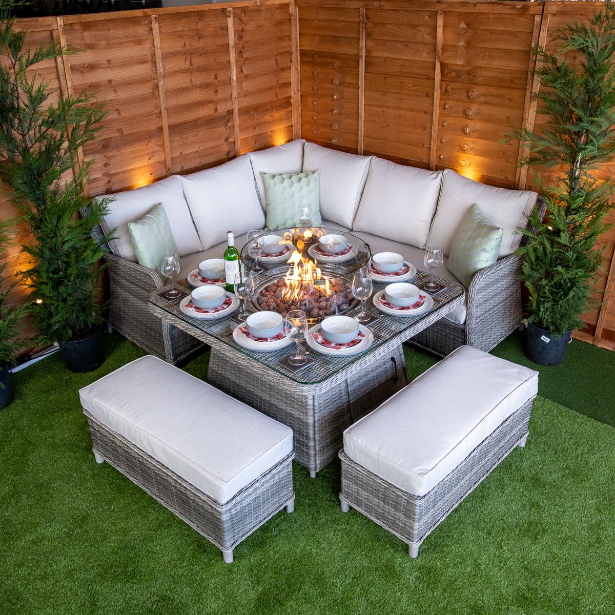BOX DAMAGED - Champagne Miami Corner Rattan Dining Set with Fire Pit
