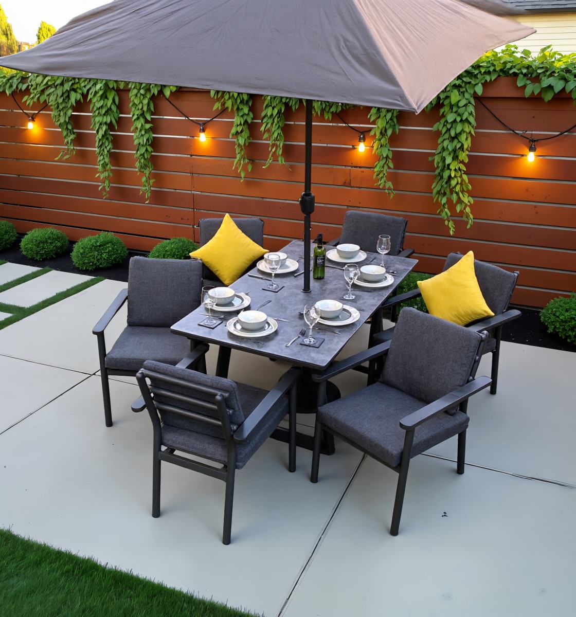 Brabazon Aluminium 6 Seat Dining Set with Patterned Ceramic Glass Table Top