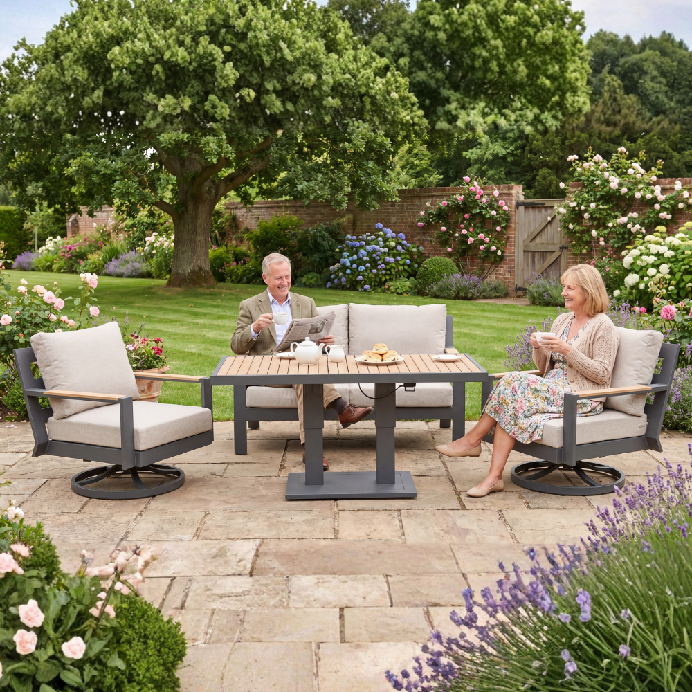 Toulouse 2-Seater Sofa Set with 2 Swivel Chairs & Hydraulic Rising Table