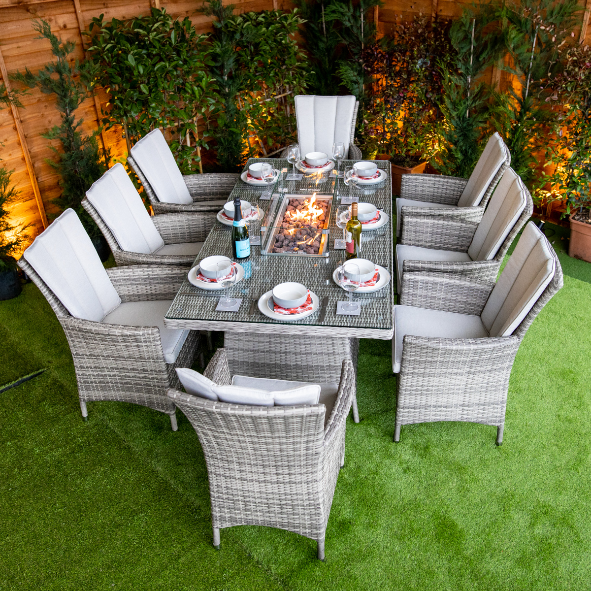 Champagne Atlanta 8 Seat Fire Pit With 210cm Rectangular Table
