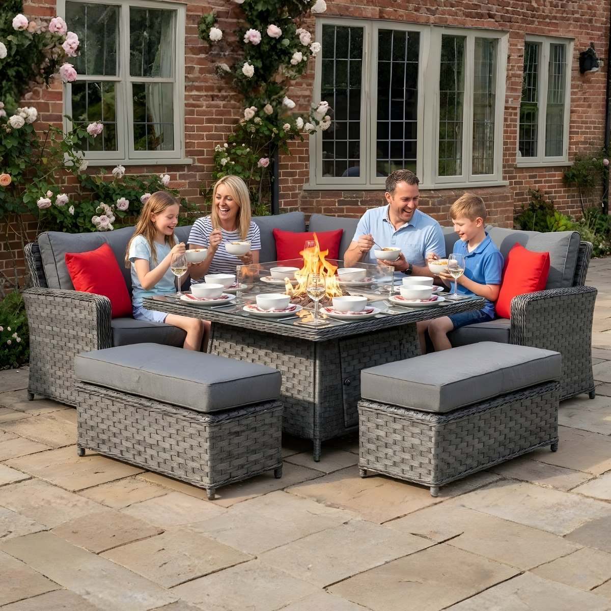 BOX DAMAGED - Serena Boston Corner Rattan Dining Set with Fire Pit