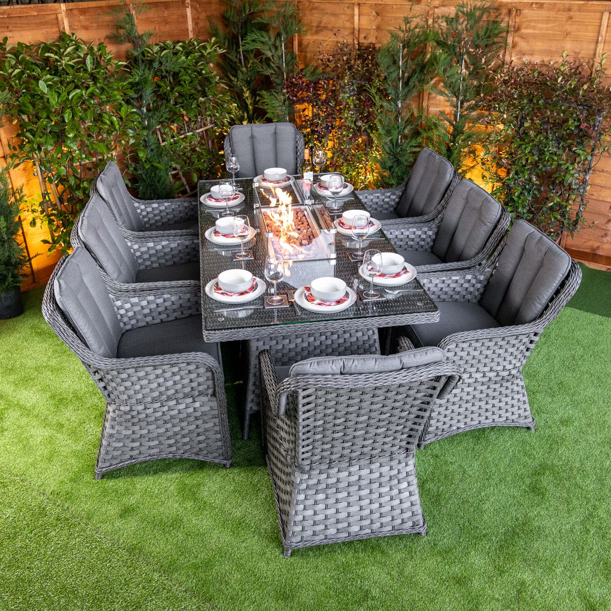 Serena Vienna 8 Seat Rattan Fire Pit With 210cm Rectangular Table