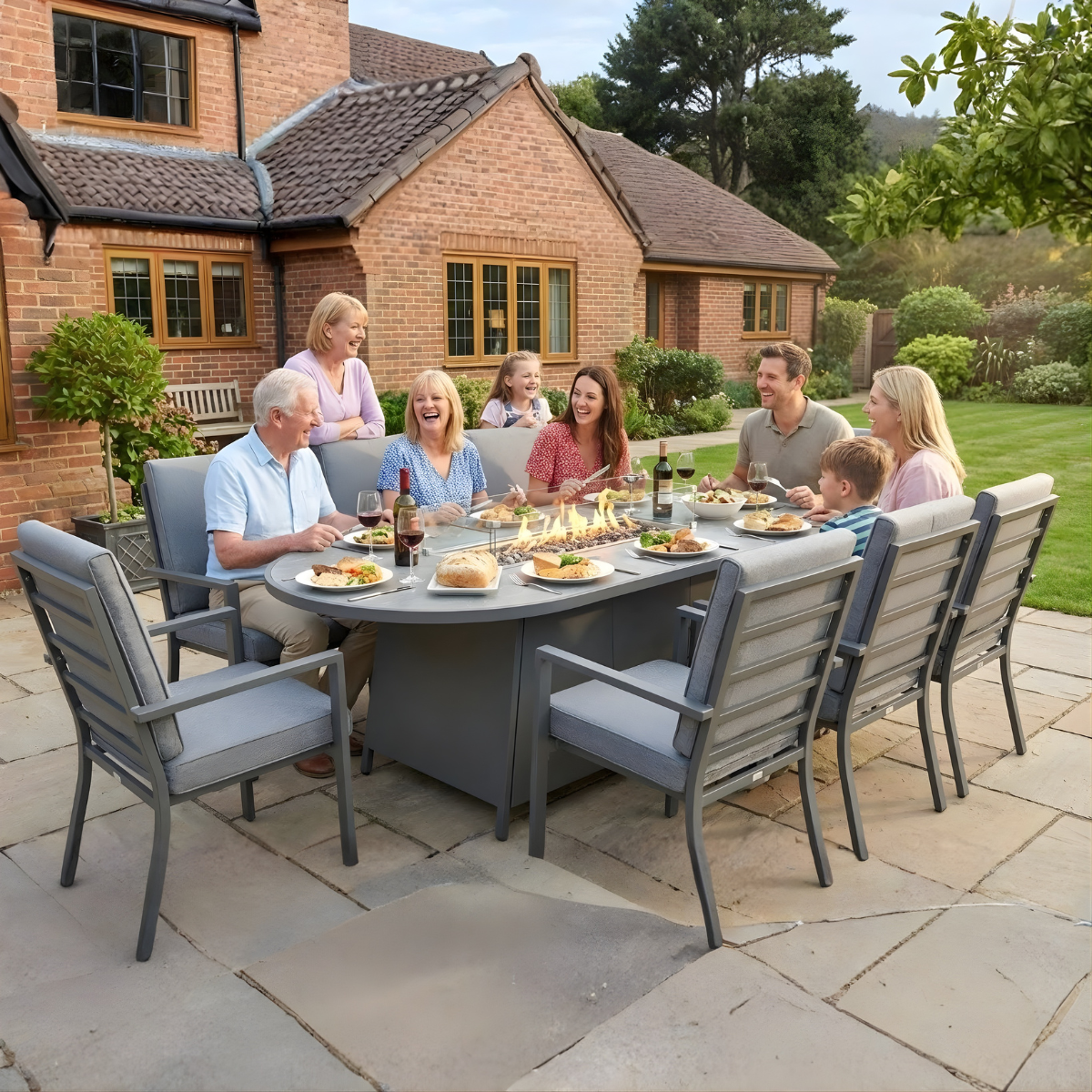 Highbury 8 Seat Aluminium Oval Ceramic Glass Top Table Fire Pit Dining Set