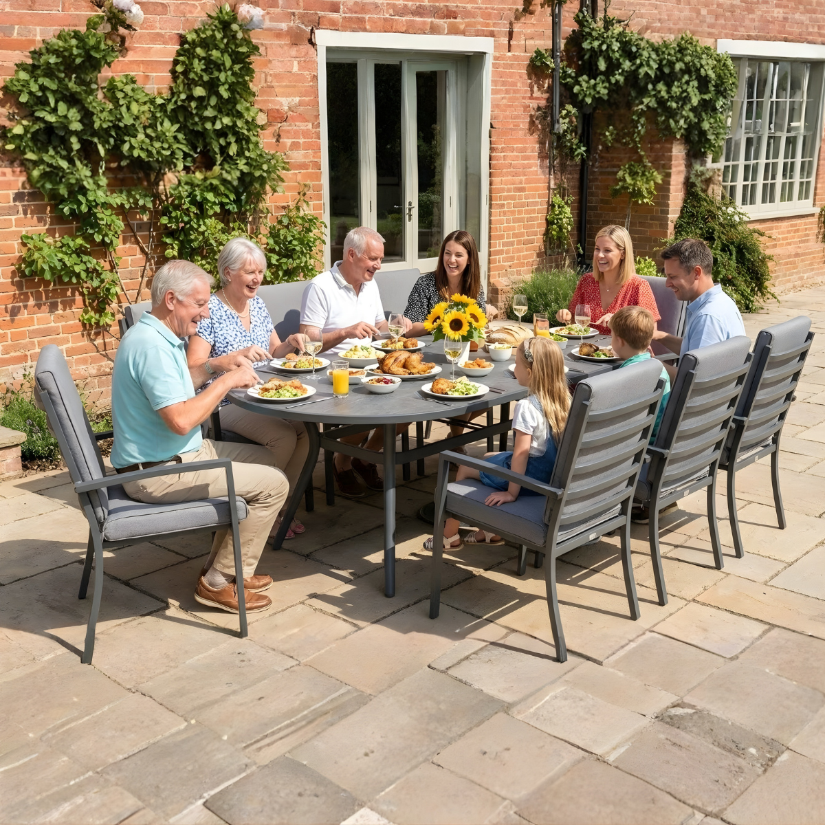 Highbury 8 Seat Aluminium Ceramic Glass Top Oval Dining Set