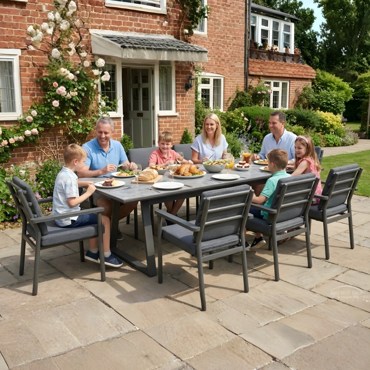 Brabazon Aluminium 8 Seat Dining Set With Patterned Ceramic Glass Table Top