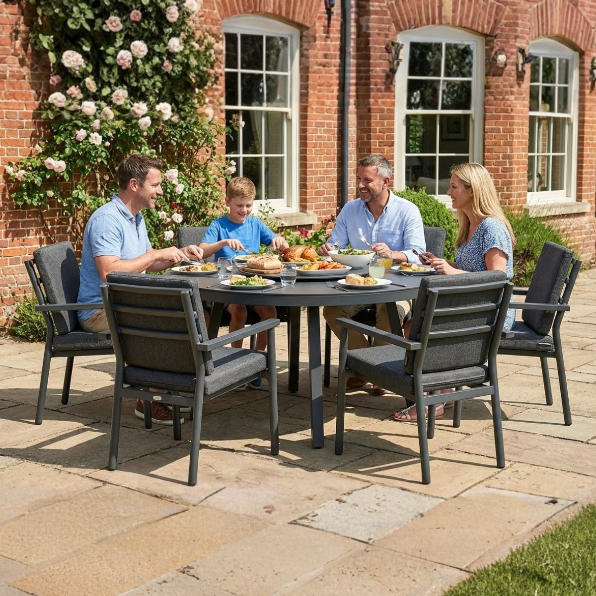 Brabazon Aluminium 6 Seat Round Dining Set with Grey Ceramic Glass Table Top