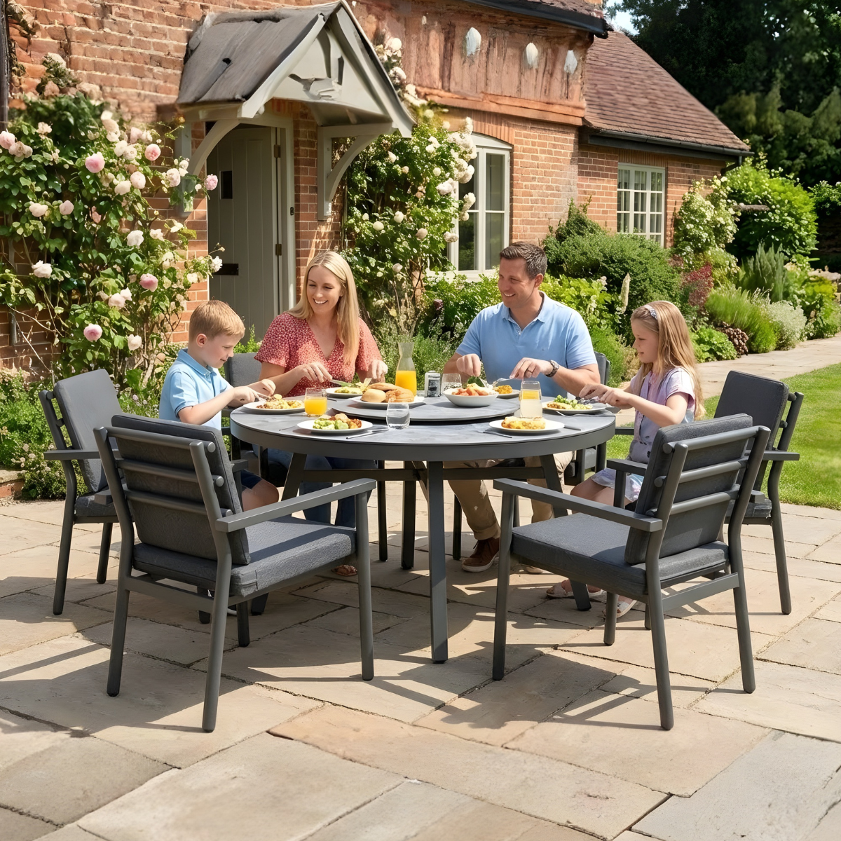 Brabazon Deluxe 6 Seat Pattern Ceramic Glass Top Aluminium Dining Set