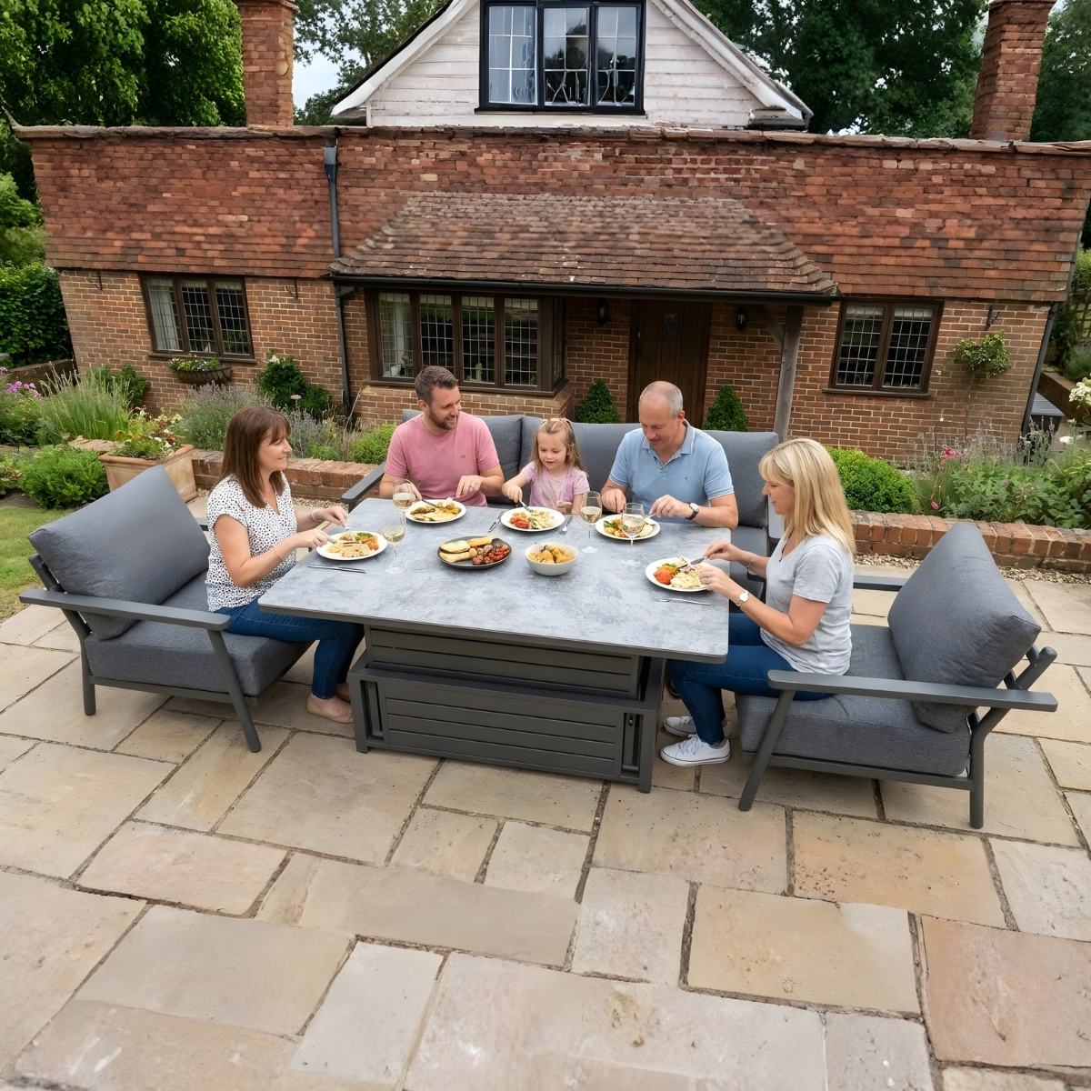 Brabazon Aluminium 5 Seat 4 Piece Sofa Set With Patterned Rising Table