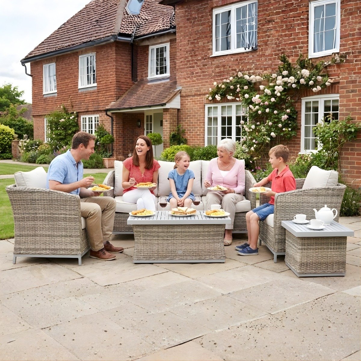 BOX DAMAGED - Monaco Champagne 5 Seat 5 Piece Sofa Set With Aluminium Table Top