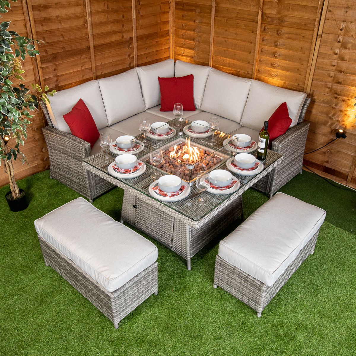 Champagne Boston Corner Dining Set with Fire Pit